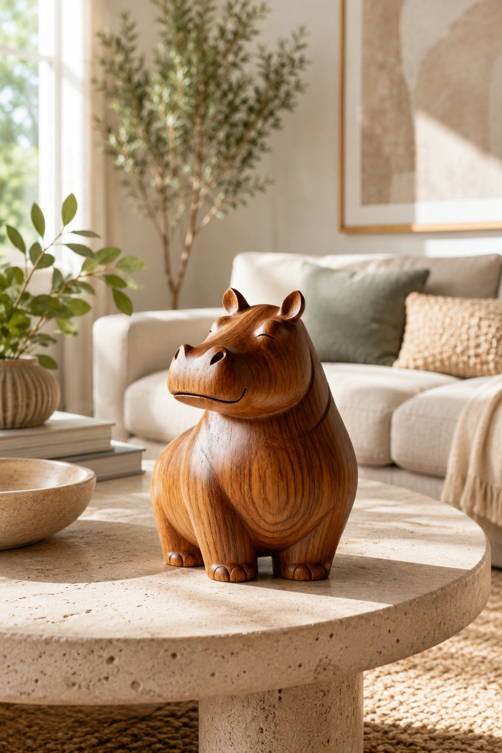 Whimsical Wood Hippo Figurine | Minimalist Animal Decor | Charming Gift Idea