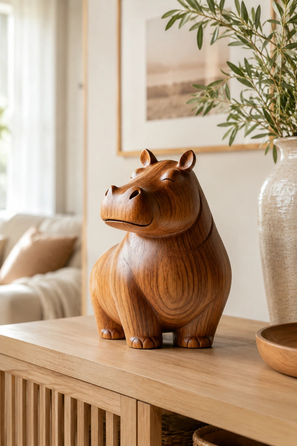 Whimsical Wood Hippo Figurine | Minimalist Animal Decor | Charming Gift Idea