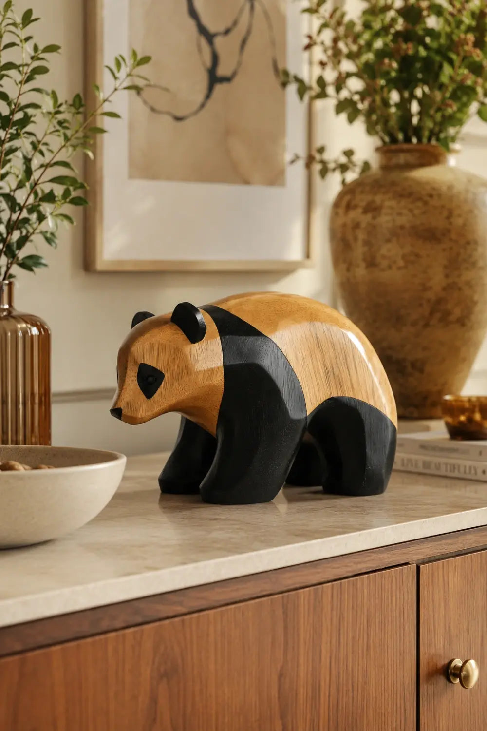 Two-Tone Wood Panda Sculpture | Playful Modernist Decor Collectible Gift