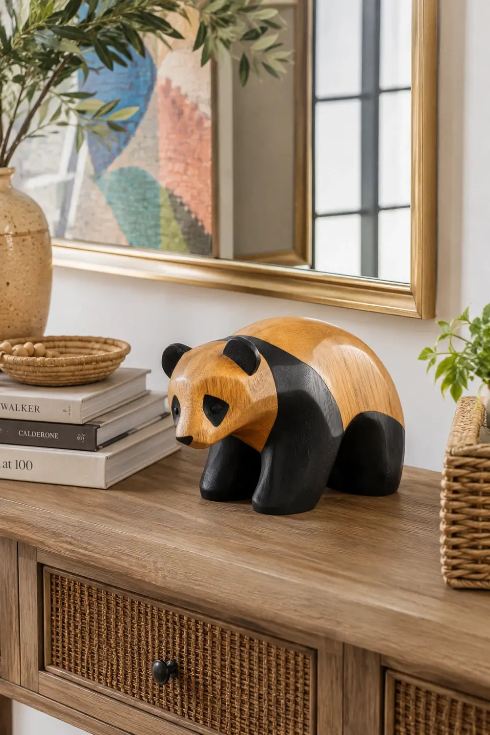 Two-Tone Wood Panda Sculpture | Playful Modernist Decor Collectible Gift