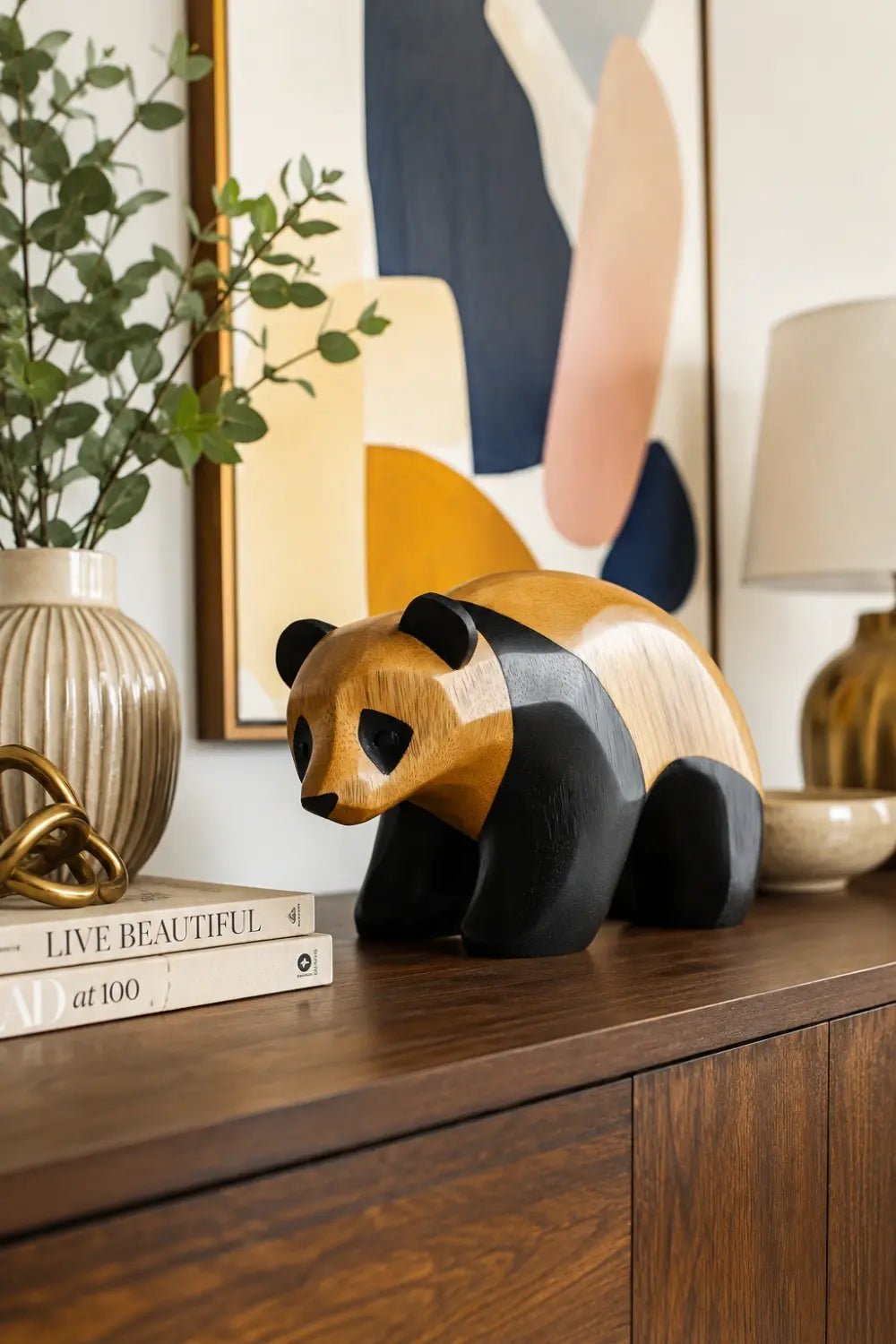 Two-Tone Wood Panda Sculpture | Playful Modernist Decor Collectible Gift