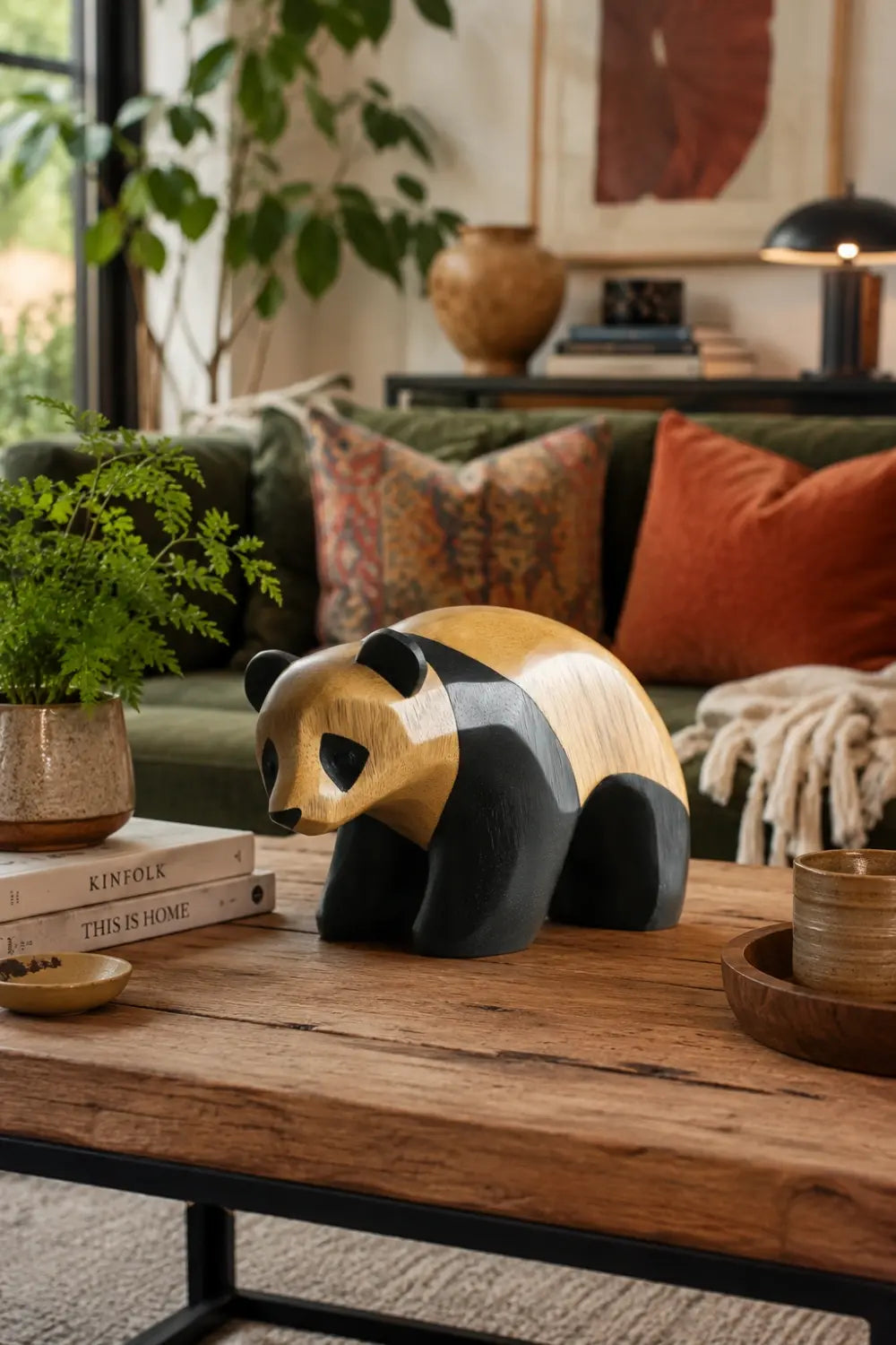 Two-Tone Wood Panda Sculpture | Playful Modernist Decor Collectible Gift