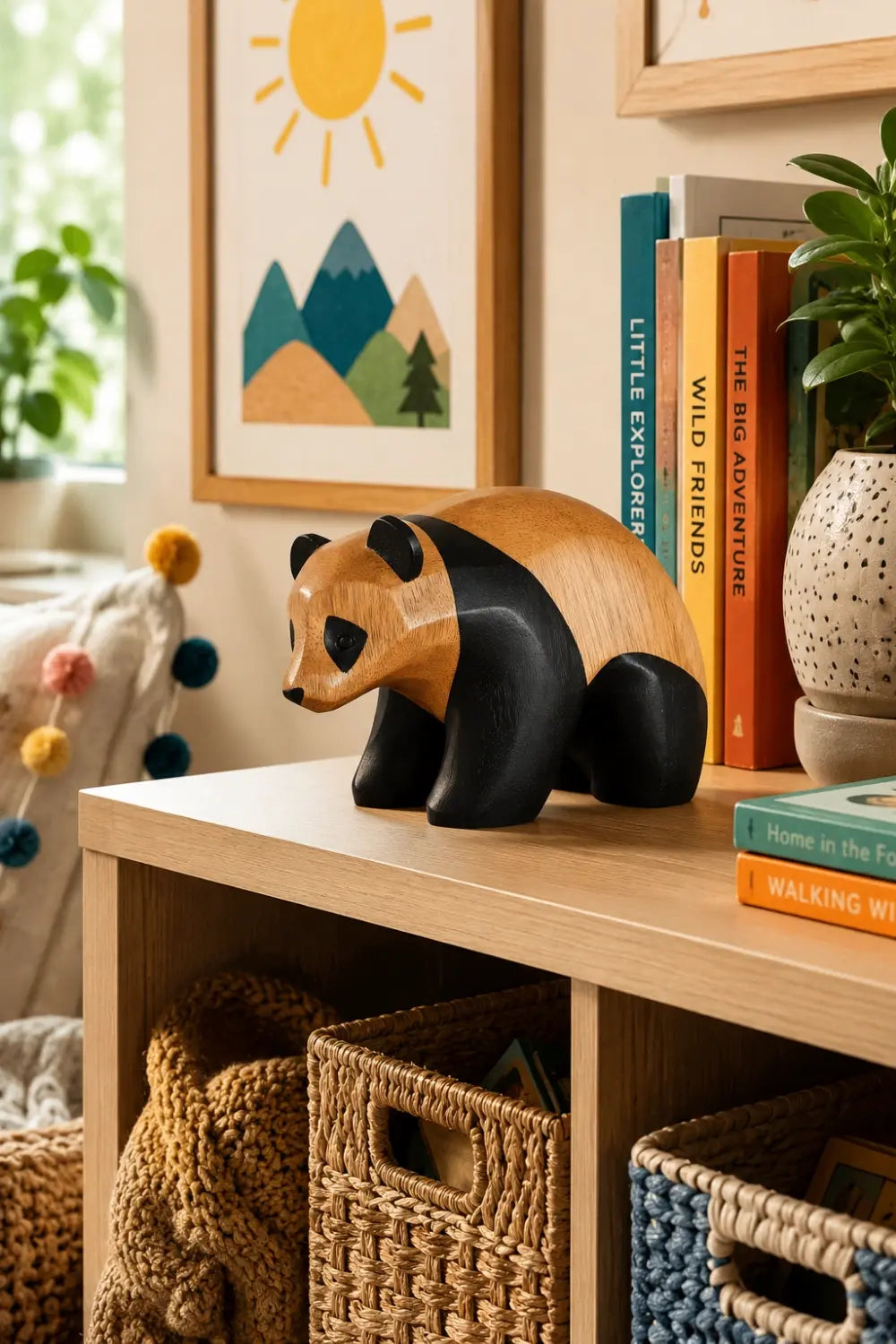 Two-Tone Wood Panda Sculpture | Playful Modernist Decor Collectible Gift