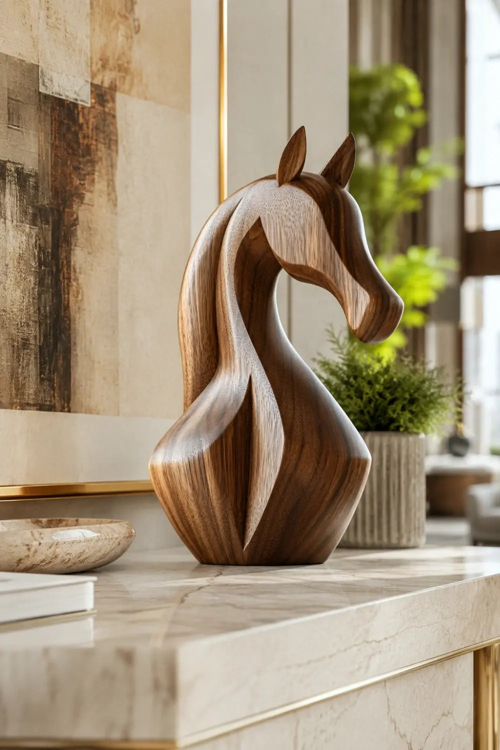 Sleek Wood Horse Head Sculpture | Elegant Equestrian Decor Distinctive Gift