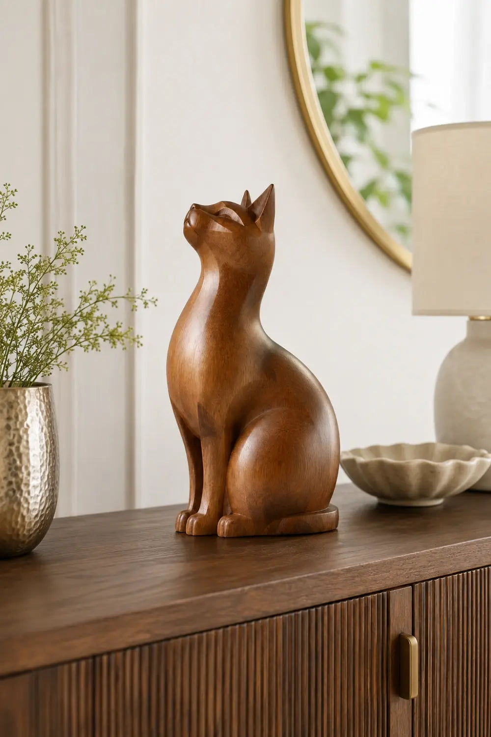 Geometric Wood Sitting Cat Sculpture | Elegant Feline Art Decor