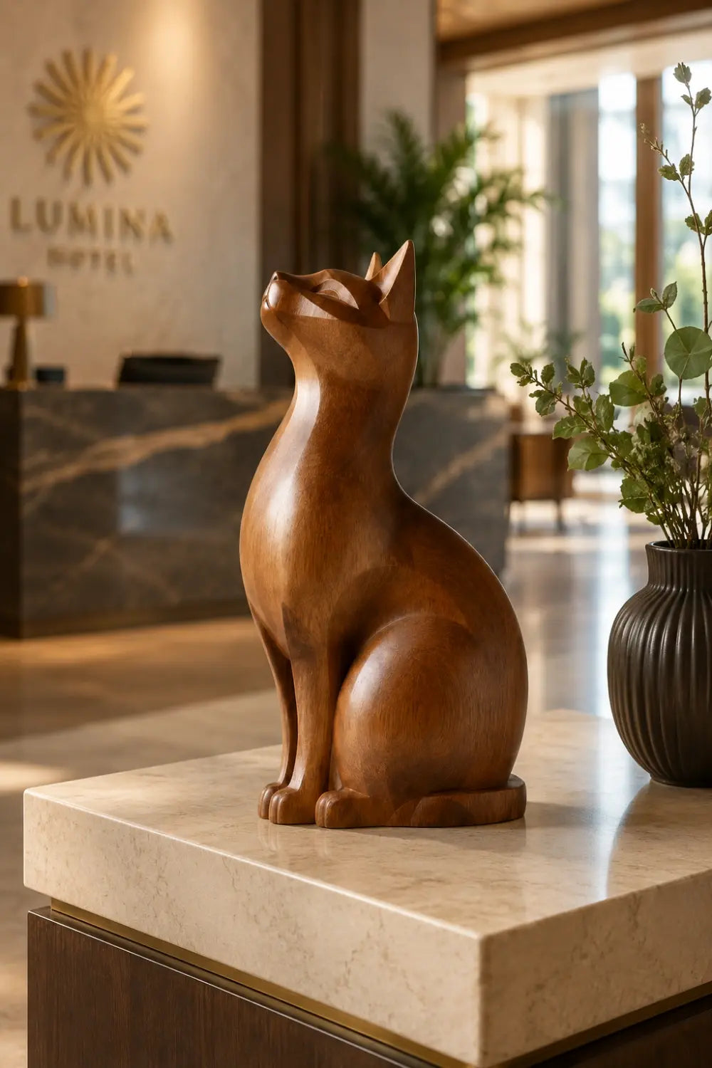 Geometric Wood Sitting Cat Sculpture | Elegant Feline Art Decor