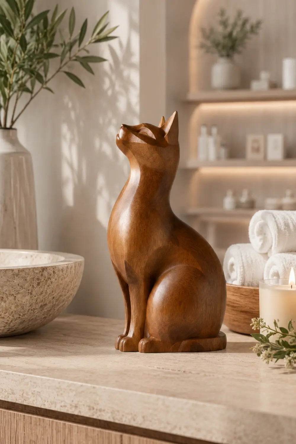 Geometric Wood Sitting Cat Sculpture | Elegant Feline Art Decor
