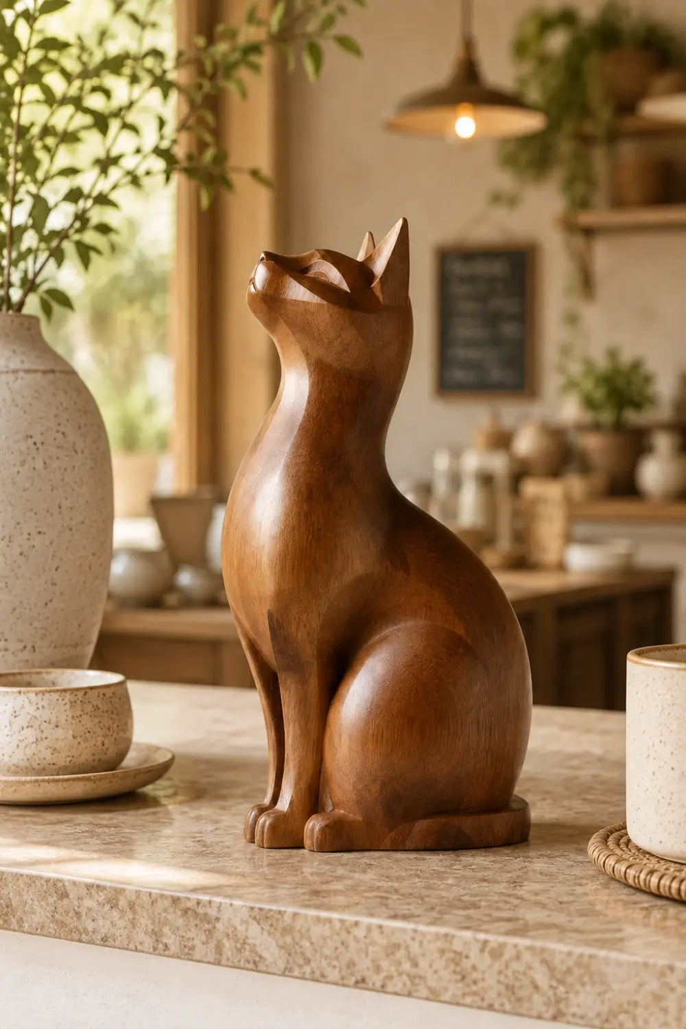 Geometric Wood Sitting Cat Sculpture | Elegant Feline Art Decor