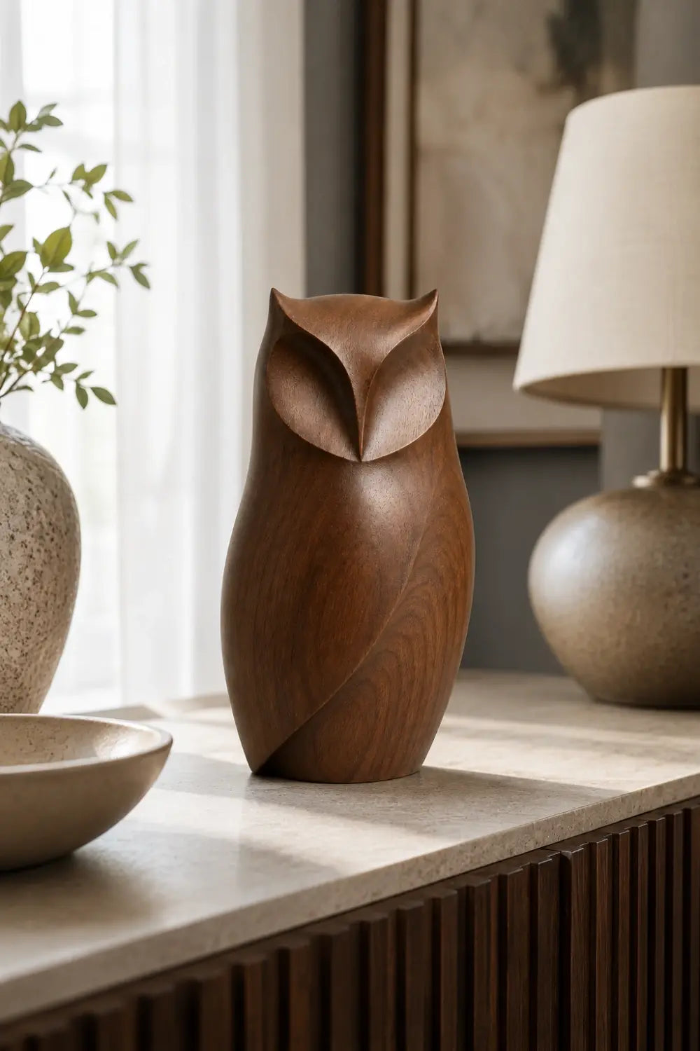 Modernist Wood Owl Sculpture | Minimalist Bookshelf Decor Figurine | Wise Gift Idea
