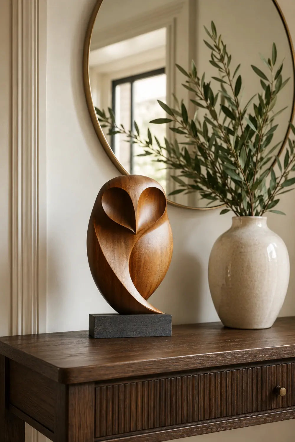 Stylized Wooden Barn Owl Sculpture | Mid-Century Bird Art Decor