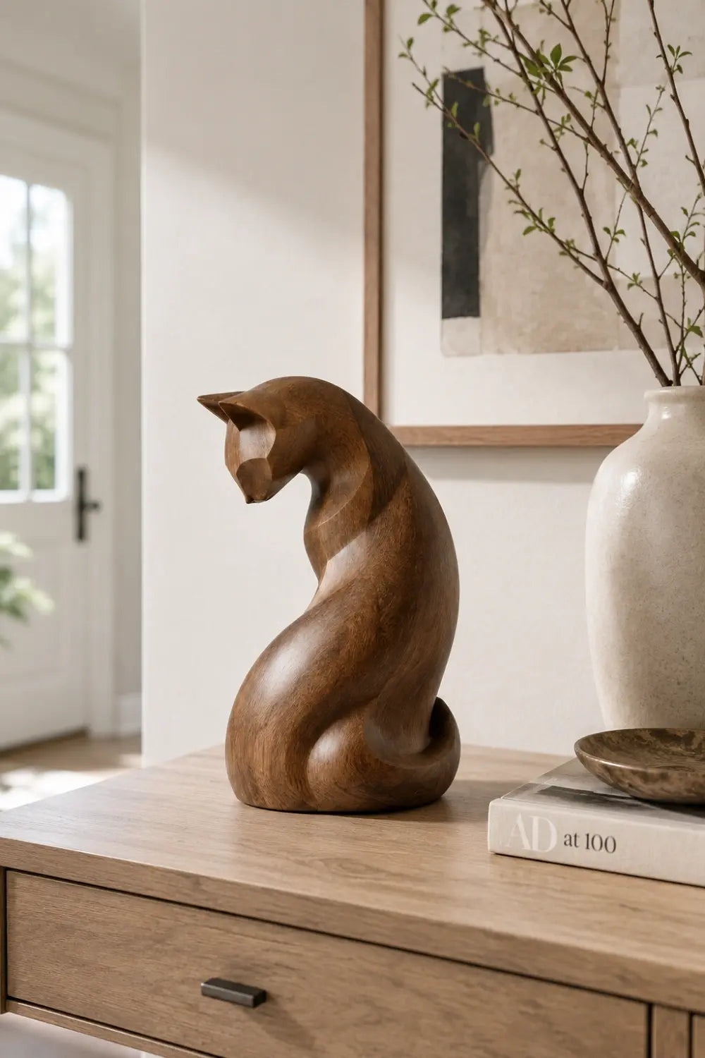 Abstract Minimalist Wood Cat | Sculptural Nordic Home Accent | Artisan Pet Gift