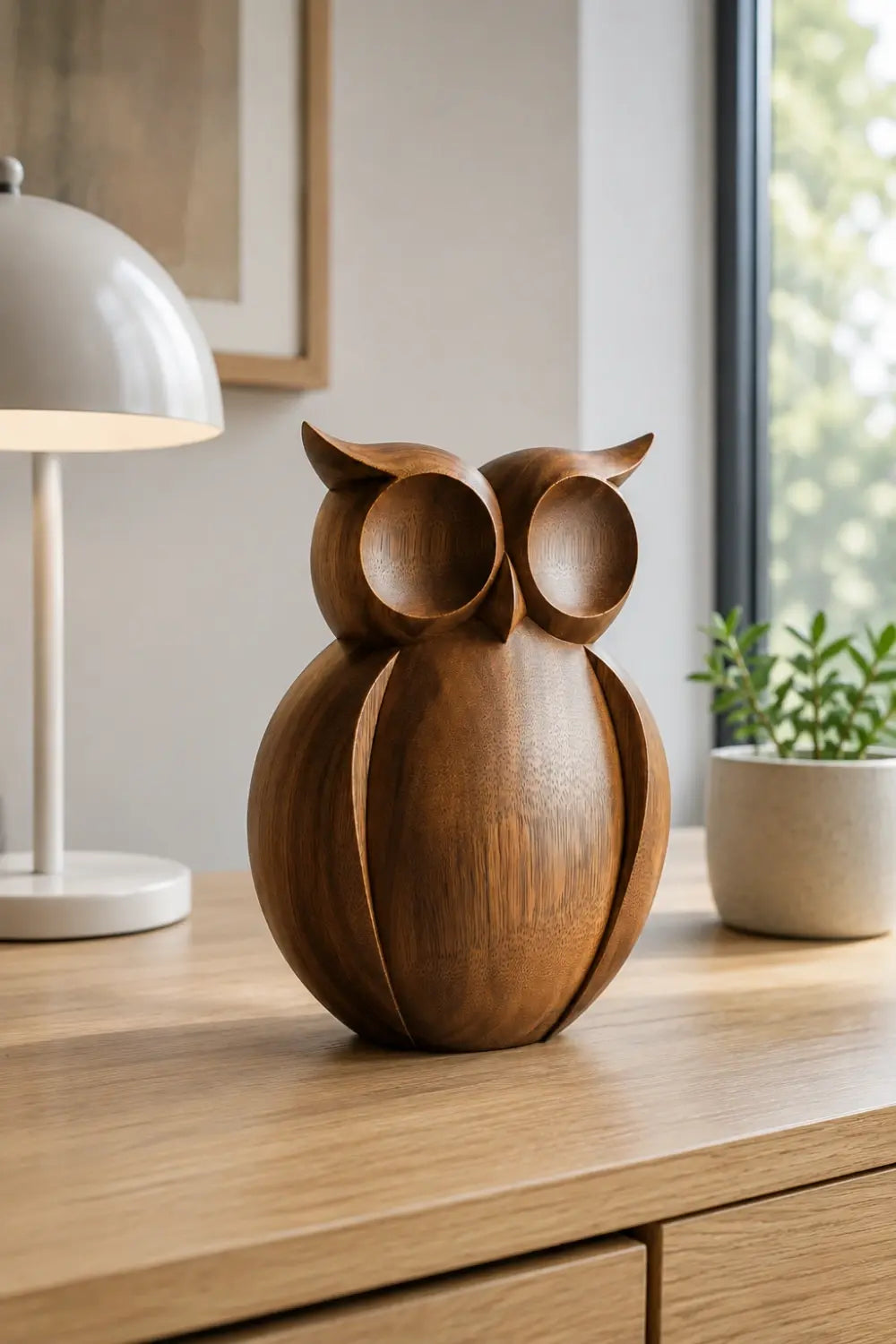 Warm Minimalist Wood Owl Sculpture | Contemporary Woodland Decor