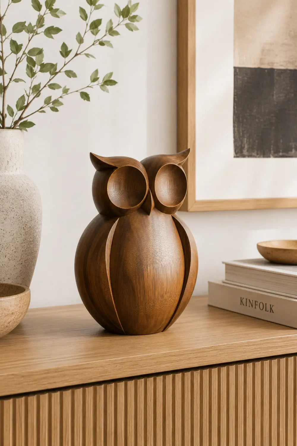 Warm Minimalist Wood Owl Sculpture | Contemporary Woodland Decor