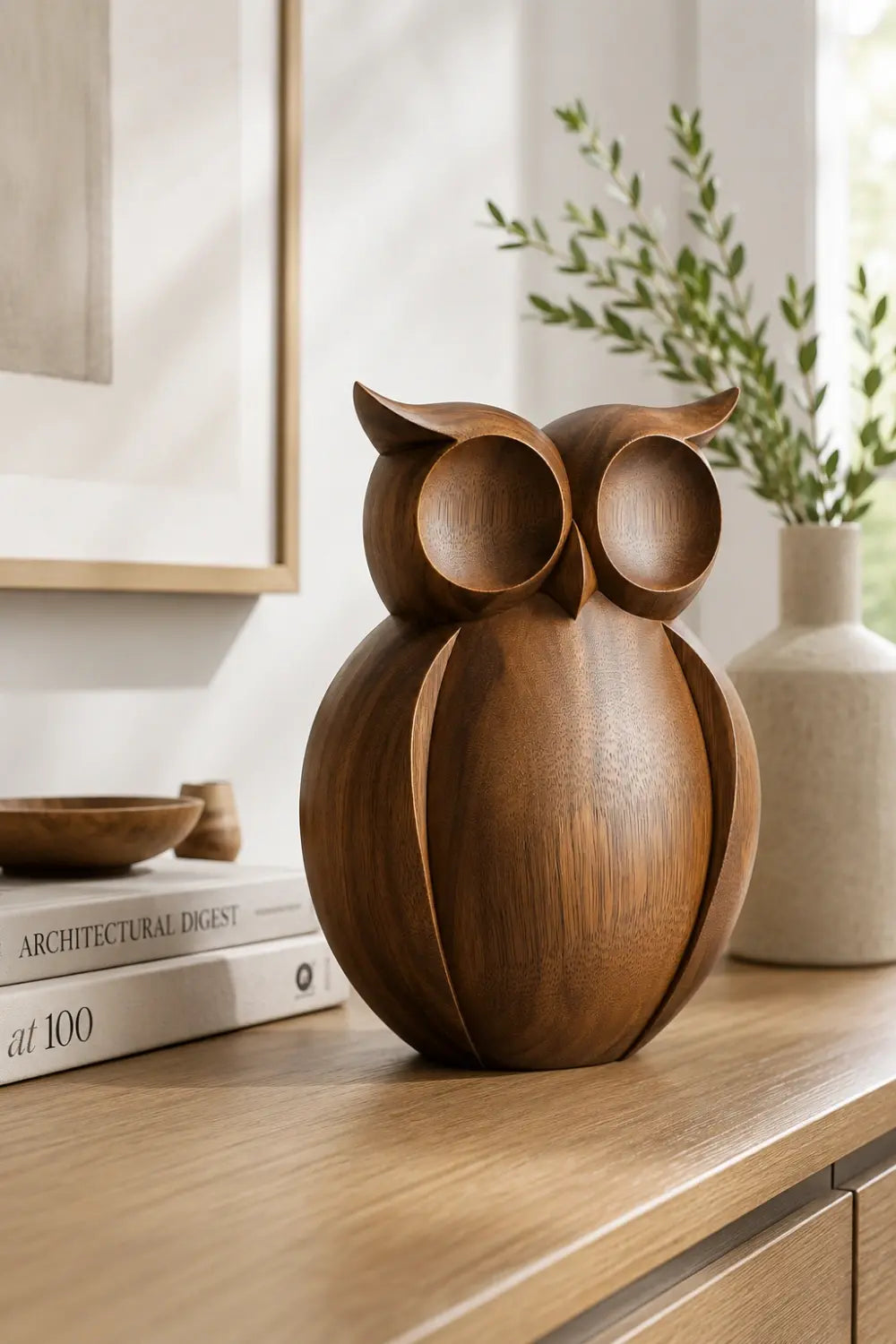 Warm Minimalist Wood Owl Sculpture | Contemporary Woodland Decor