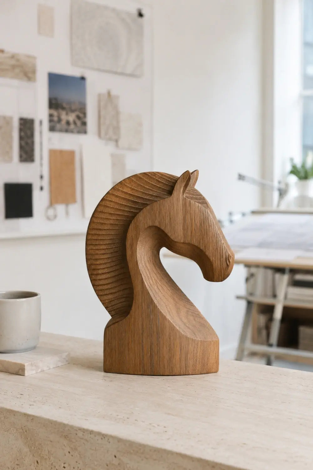 Modernist Horse Head Wood Sculpture | Minimalist Style Decor Piece 