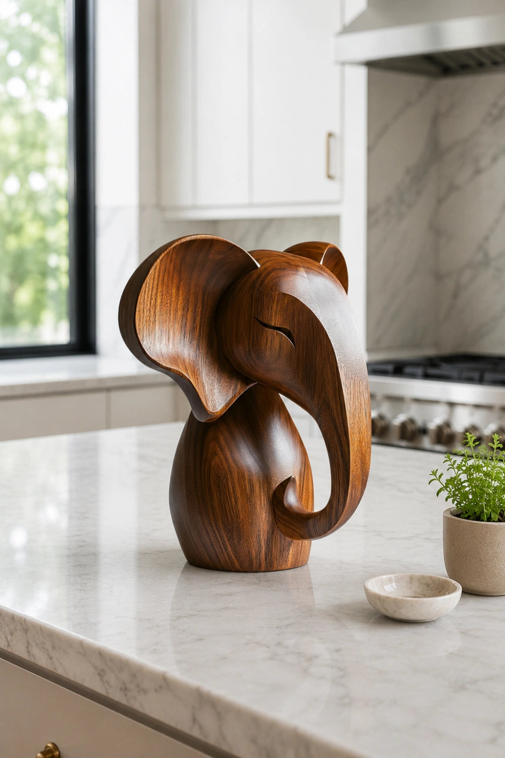 Good Luck Wooden Elephant Sculpture | Stylized Feng Shui Art