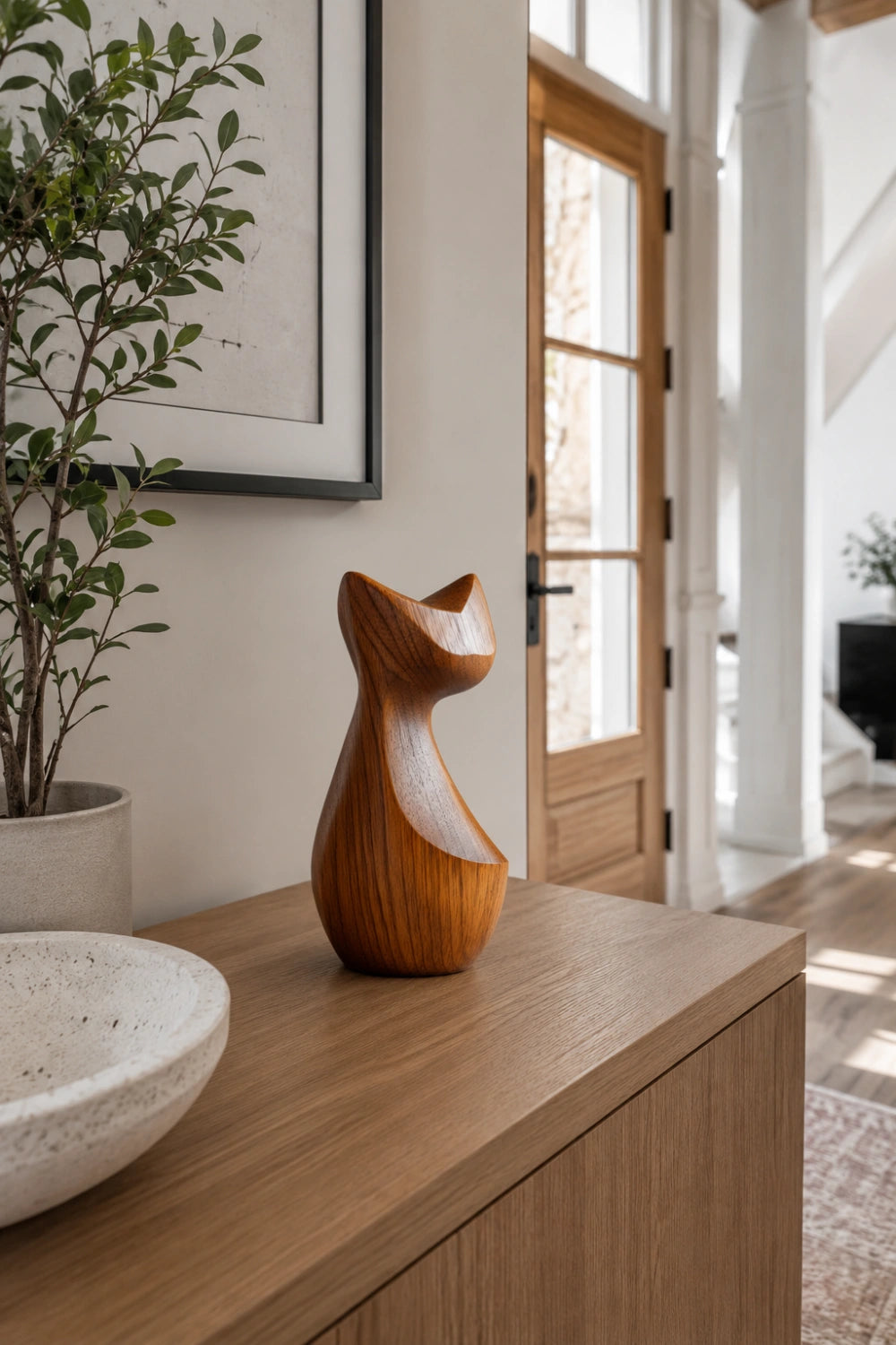 Modernist Timber Cat Figurine | Scandinavian Organic Feline Decor