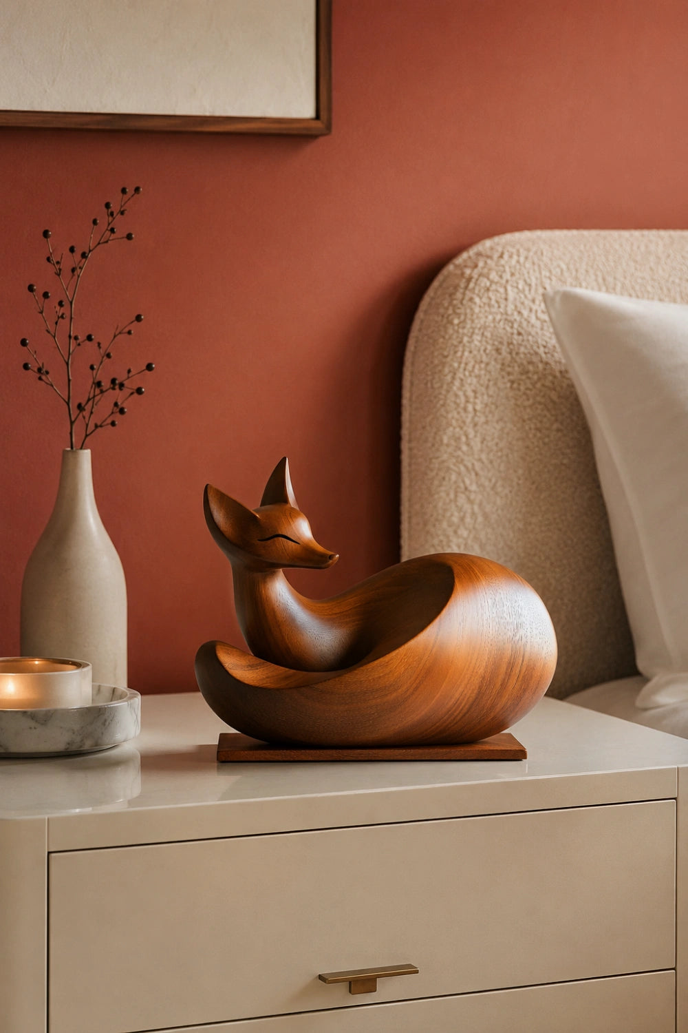 Polished Wood Fox Carving Sculpture | Elegant Woodland Animal Art
