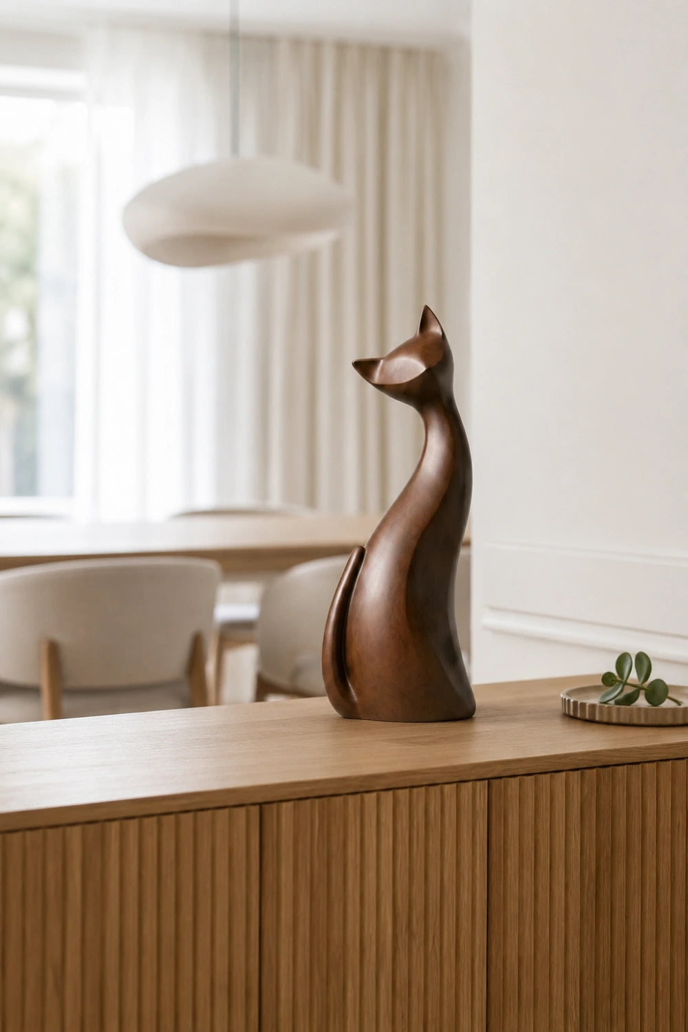 Sleek Wood Cat Silhouette Statue | Mid-Century Modern Feline Decor