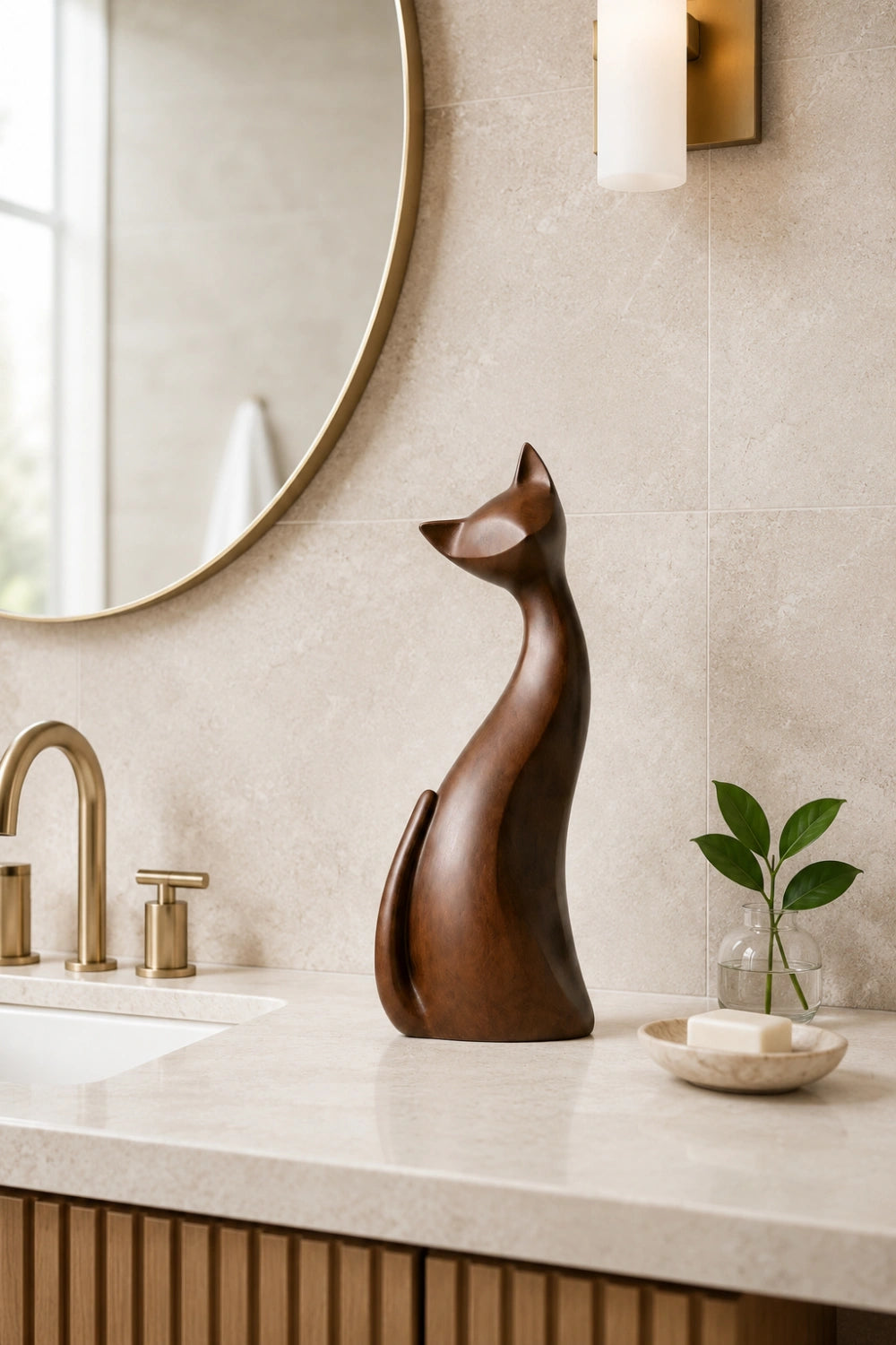 Sleek Wood Cat Silhouette Statue | Mid-Century Modern Feline Decor