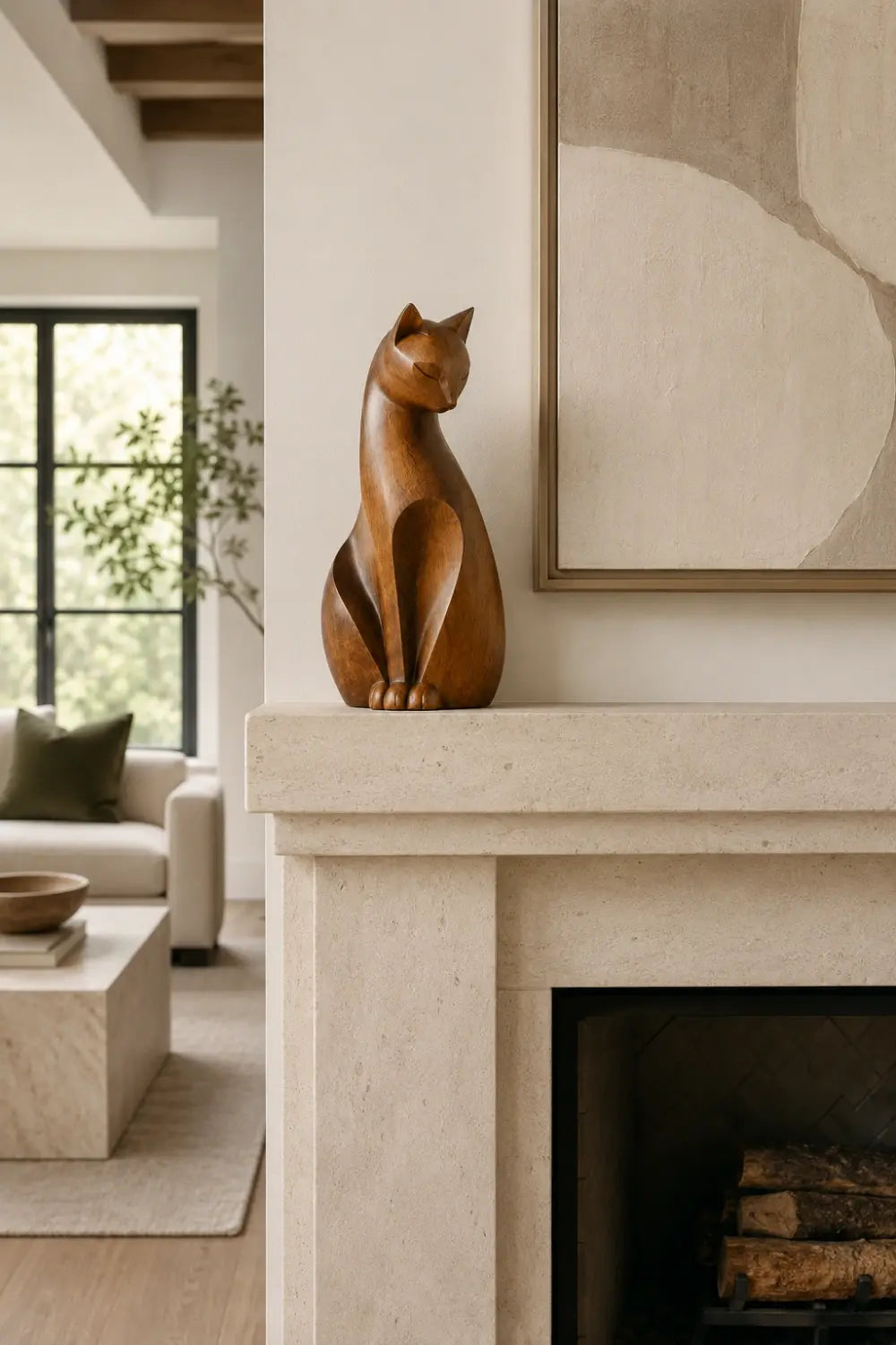 Art Deco Wooden Cat Statue | Exquisite Hardwood Animal Centerpiece