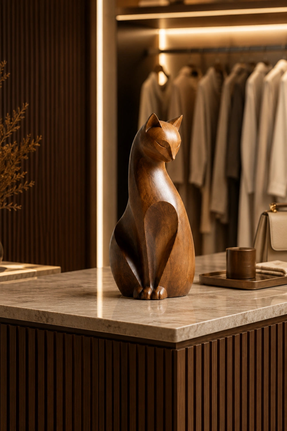 Art Deco Wooden Cat Statue | Exquisite Hardwood Animal Centerpiece