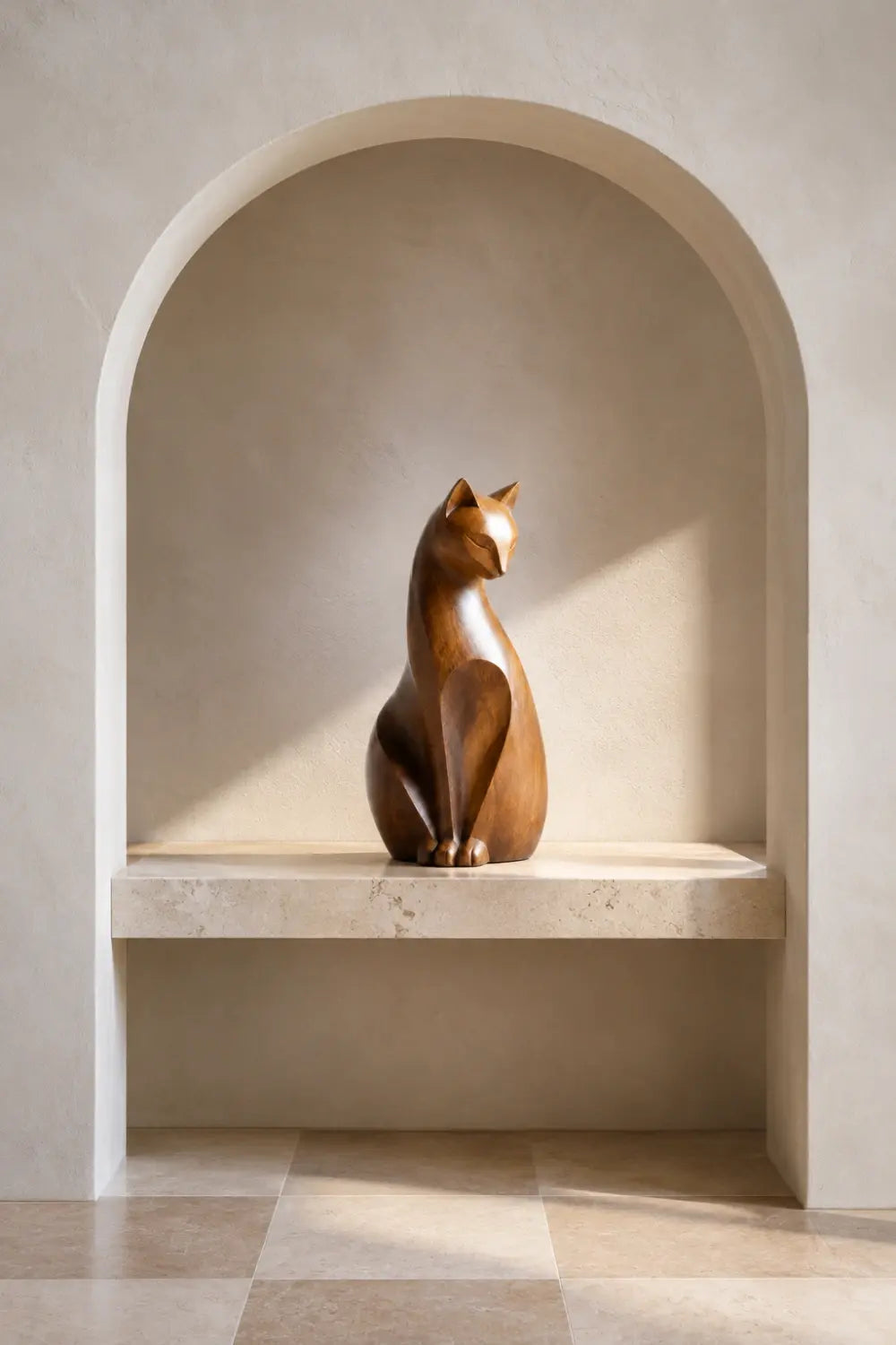 Art Deco Wooden Cat Statue | Exquisite Hardwood Animal Centerpiece