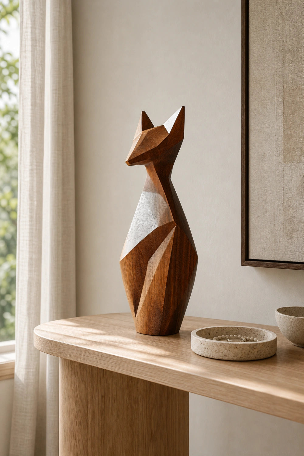 Faceted Wood Fox Sculpture| Modern Angular Polygon Decor