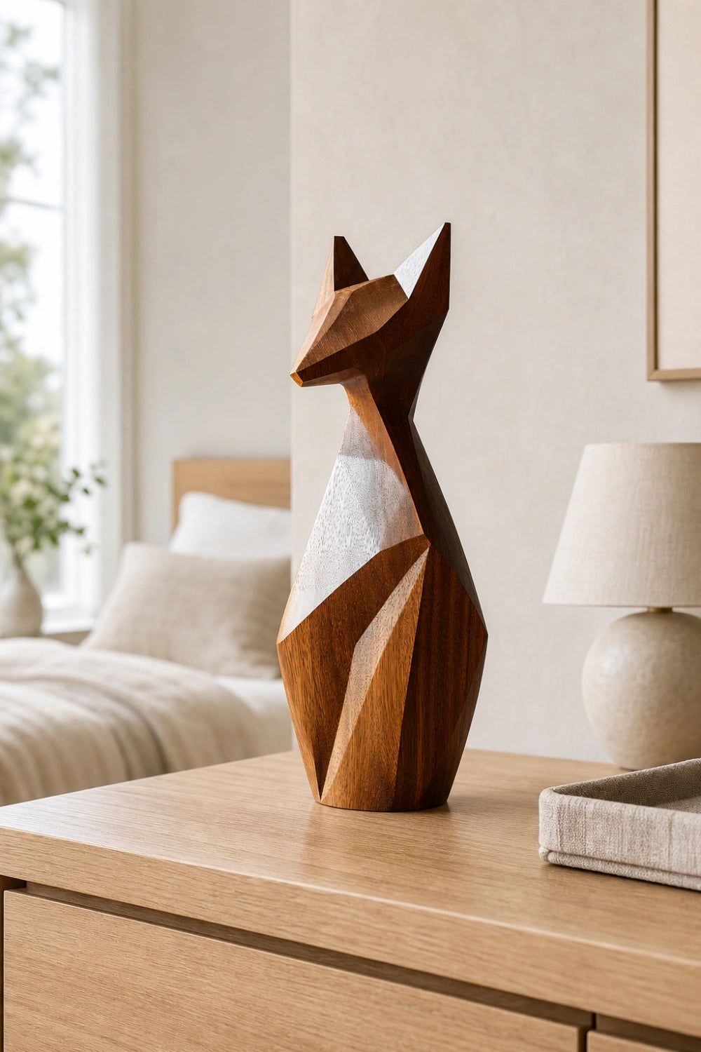 Faceted Wood Fox Sculpture| Modern Angular Polygon Decor