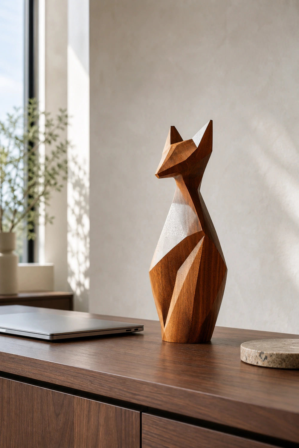 Faceted Wood Fox Sculpture| Modern Angular Polygon Decor