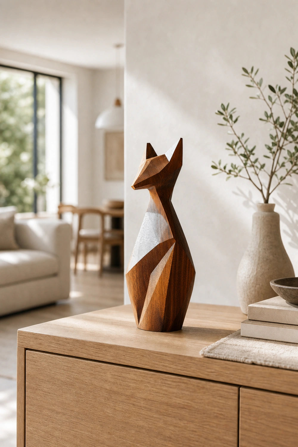 Faceted Wood Fox Sculpture| Modern Angular Polygon Decor