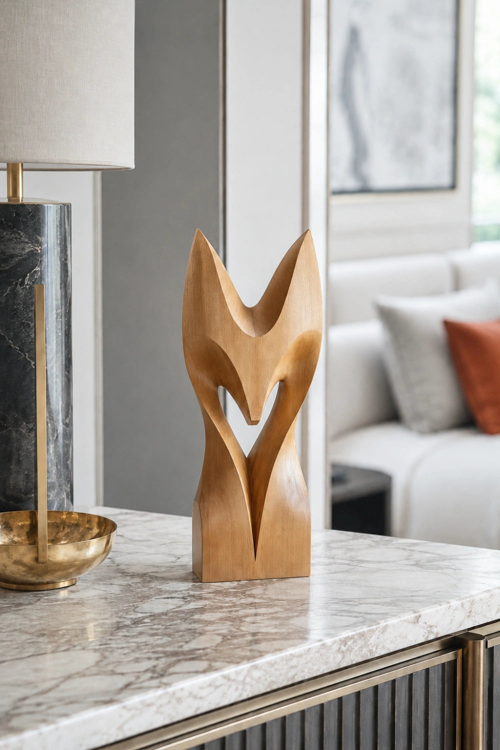Abstract Fox Wood Sculpture | Minimalist Spirit Animal Decor | Sleek Woodland Totem