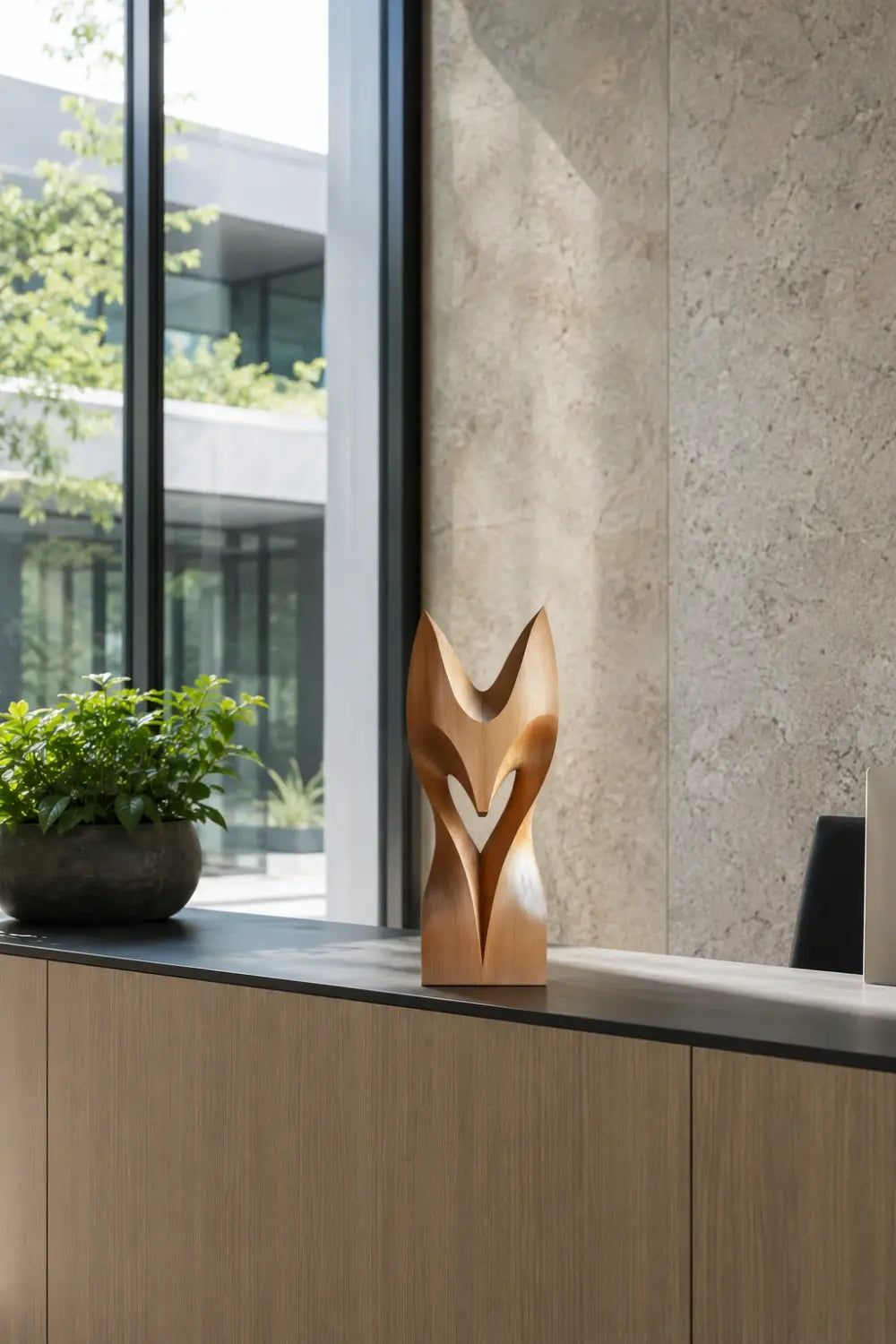 Abstract Fox Wood Sculpture | Minimalist Spirit Animal Decor | Sleek Woodland Totem