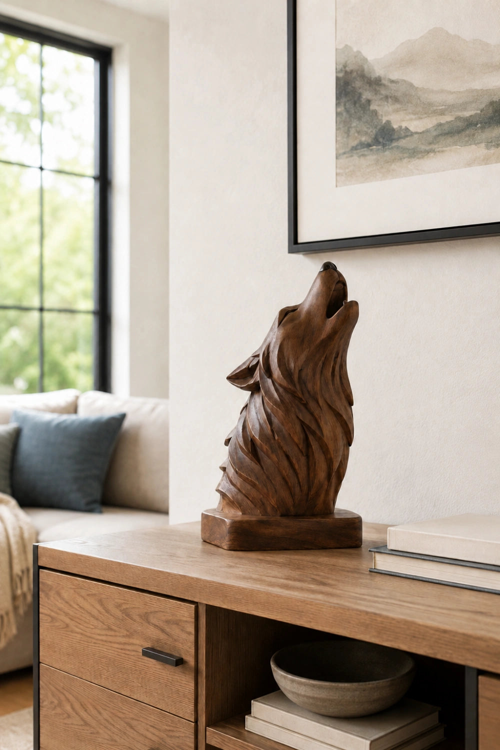 Howling Wolf Wood Sculpture | Artisan Wilderness Head Bust | Meaningful Totem Gift
