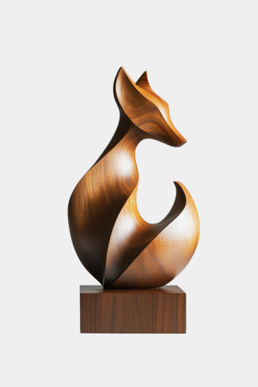 Sleek Curved Wood Fox Sculpture | Modernist Wildlife Mantel Decor | Clever Art Gift