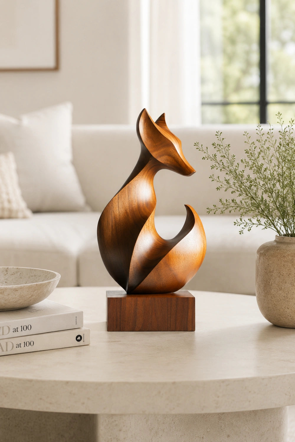 Sleek Curved Wood Fox Sculpture | Modernist Wildlife Mantel Decor | Clever Art Gift