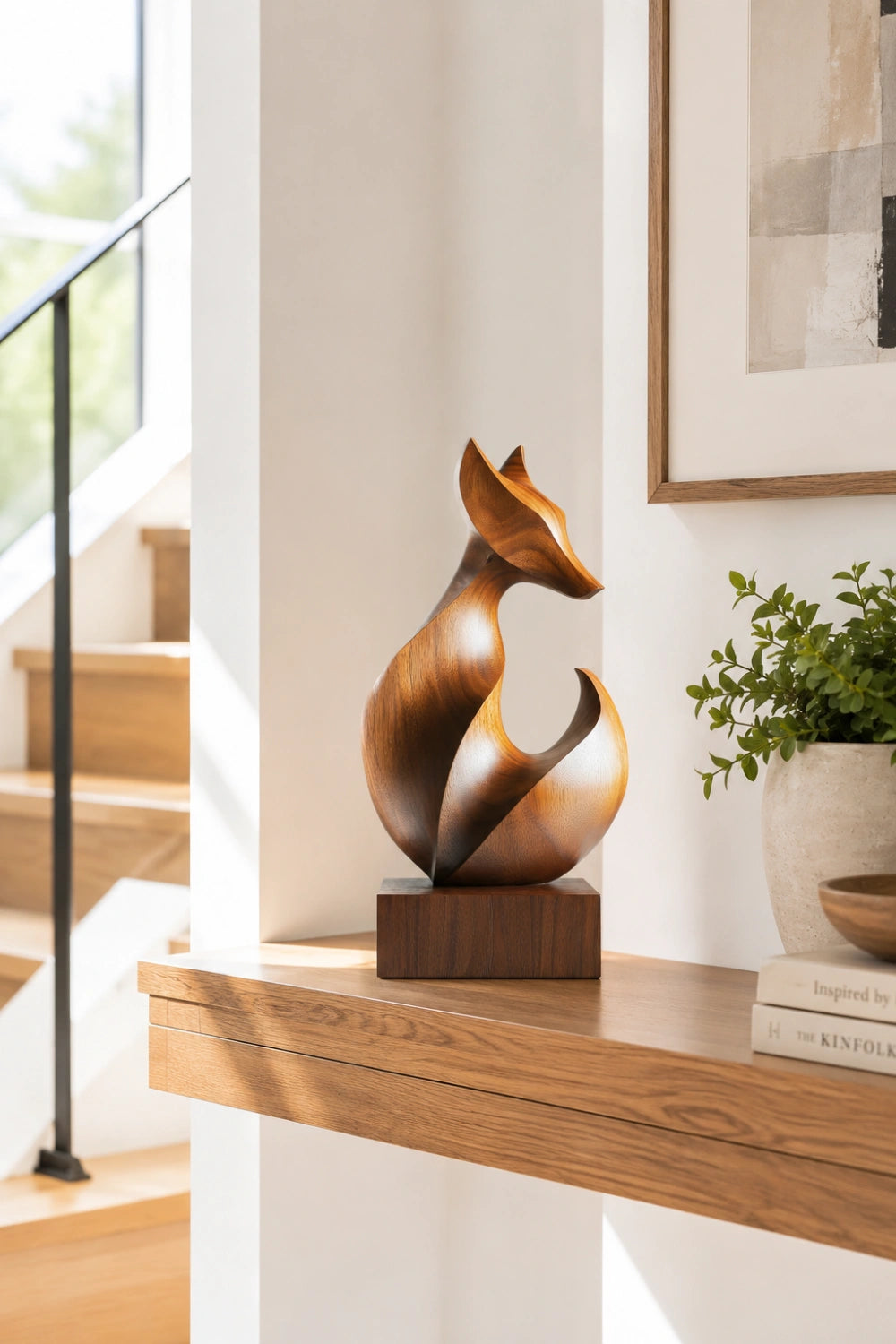 Sleek Curved Wood Fox Sculpture | Modernist Wildlife Mantel Decor | Clever Art Gift