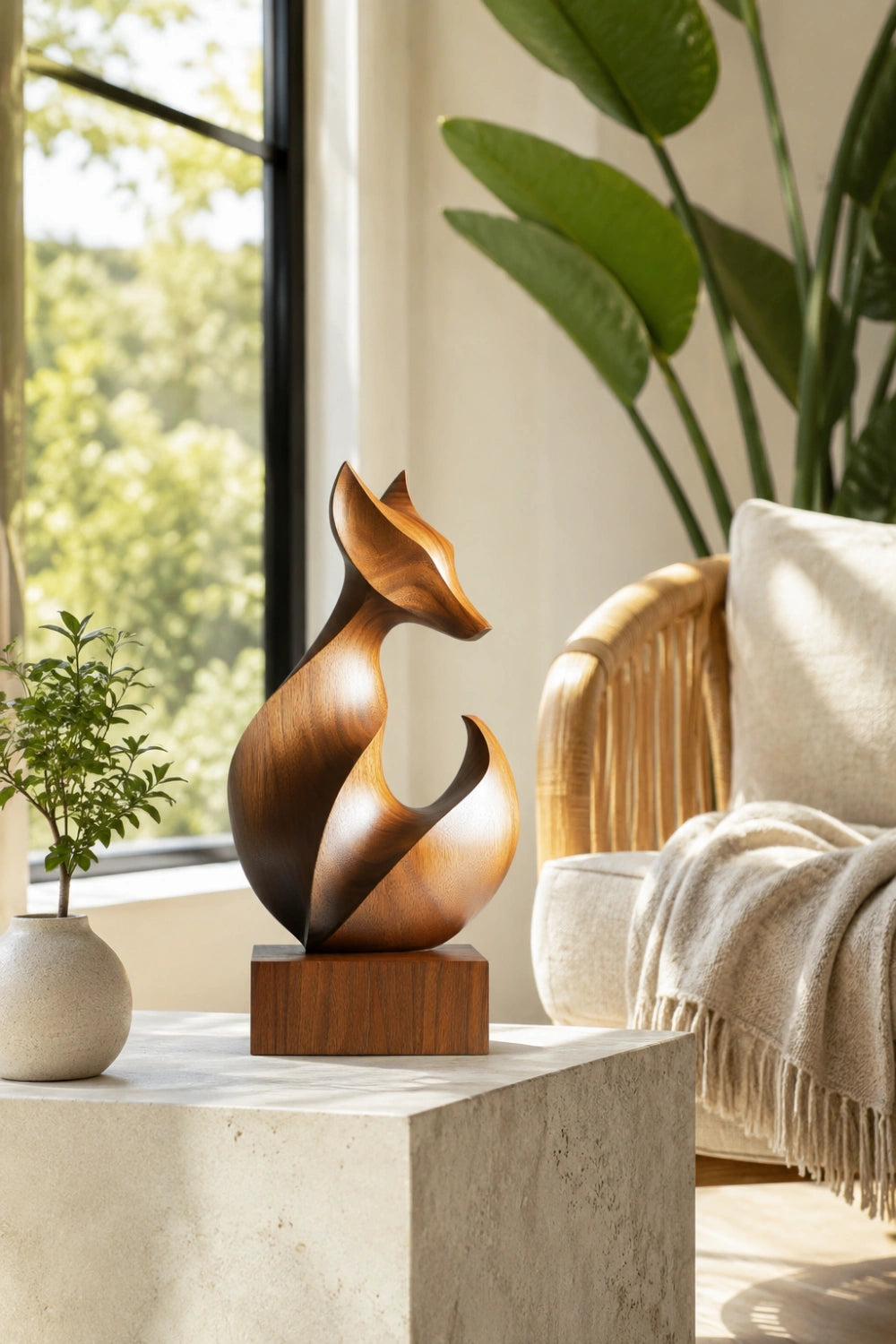 Sleek Curved Wood Fox Sculpture | Modernist Wildlife Mantel Decor | Clever Art Gift