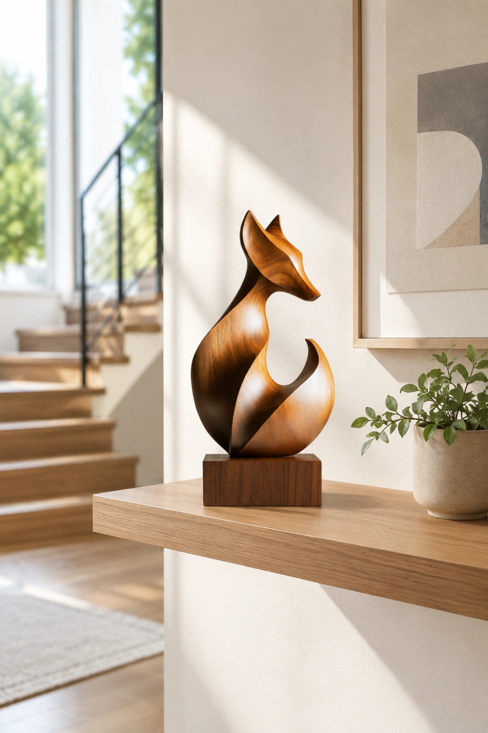 Sleek Curved Wood Fox Sculpture | Modernist Wildlife Mantel Decor | Clever Art Gift