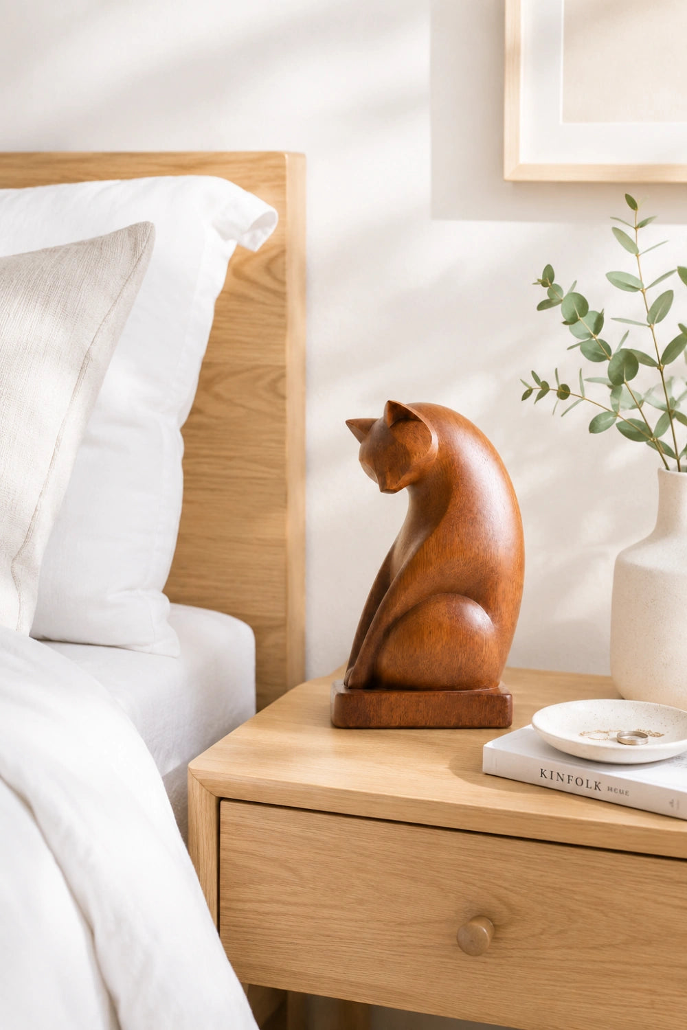 Contemplative Wood Cat Sculpture | Curated Studio Aesthetic Decor | Heartfelt Memorial Gift