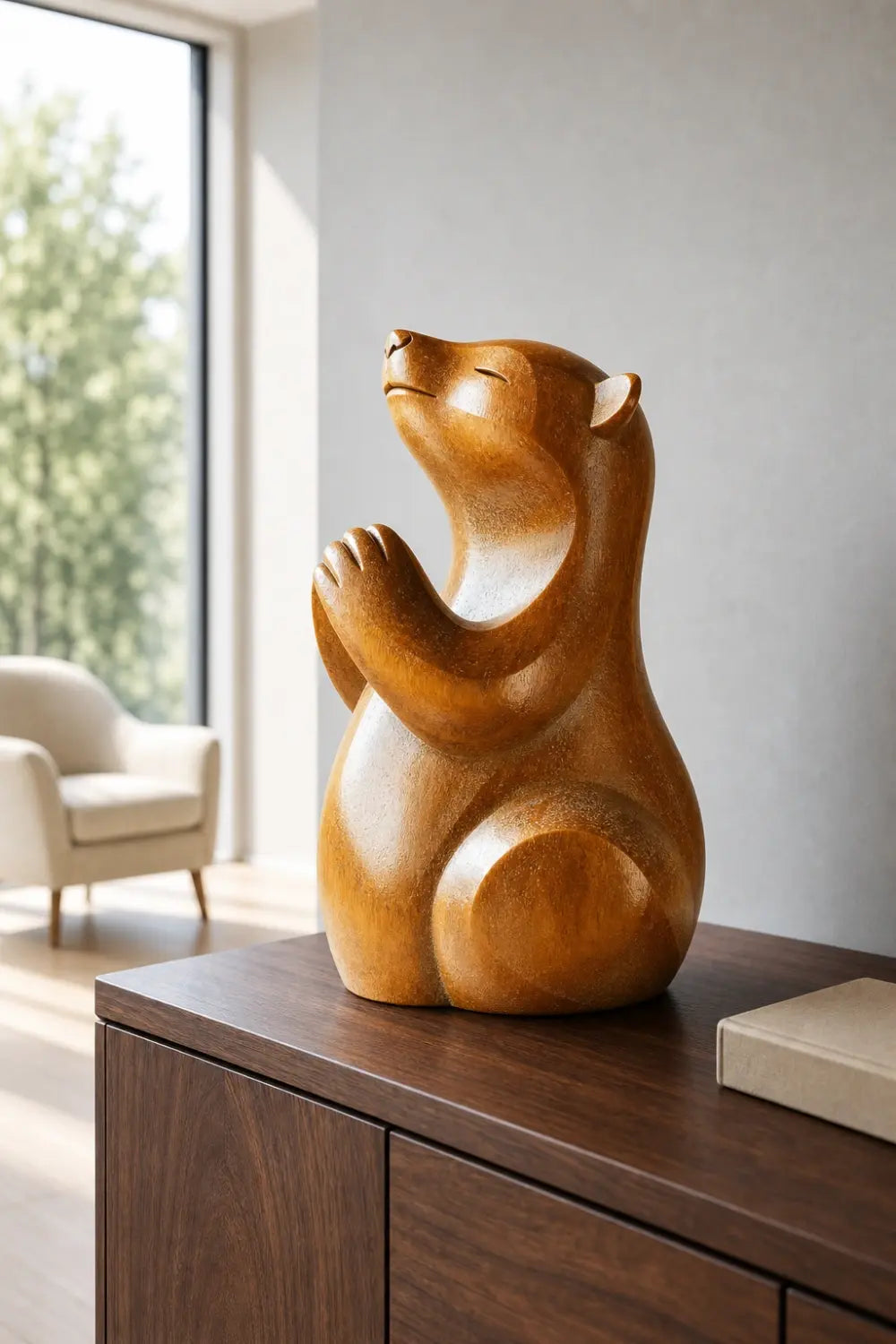 Praying Wood Bear Sculpture | Whimsical Zen Home Decor | Uplifting Spiritual Gift