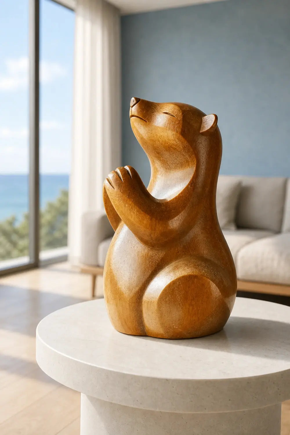 Praying Wood Bear Sculpture | Whimsical Zen Home Decor | Uplifting Spiritual Gift