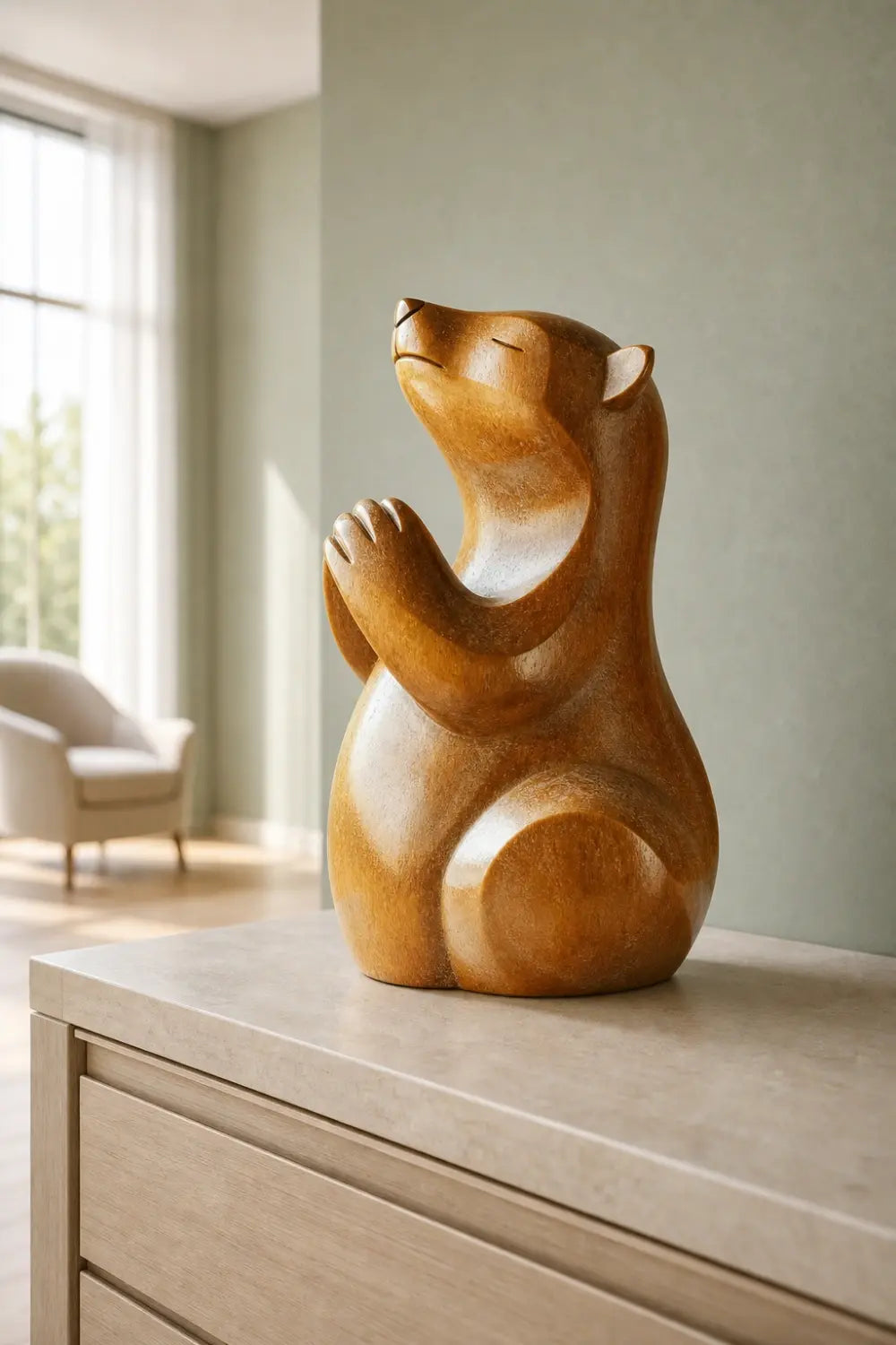Praying Wood Bear Sculpture | Whimsical Zen Home Decor | Uplifting Spiritual Gift