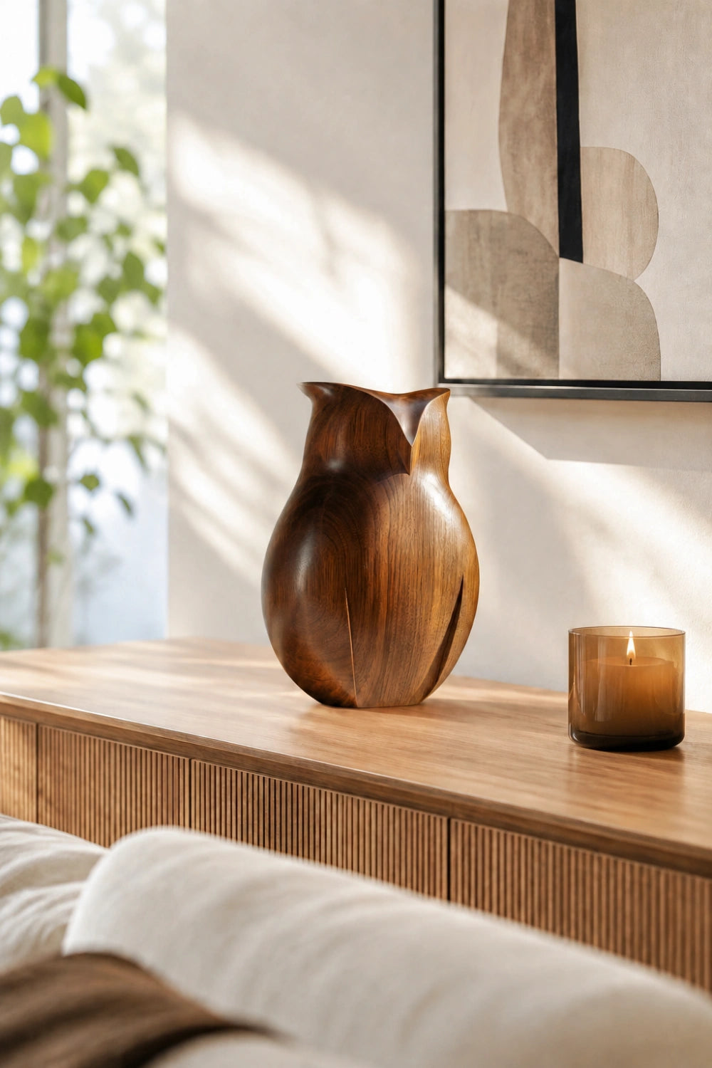 Sleek Abstract Wood Owl Sculpture | Biophilic Home Decor Accent | Distinctive Gift Choice