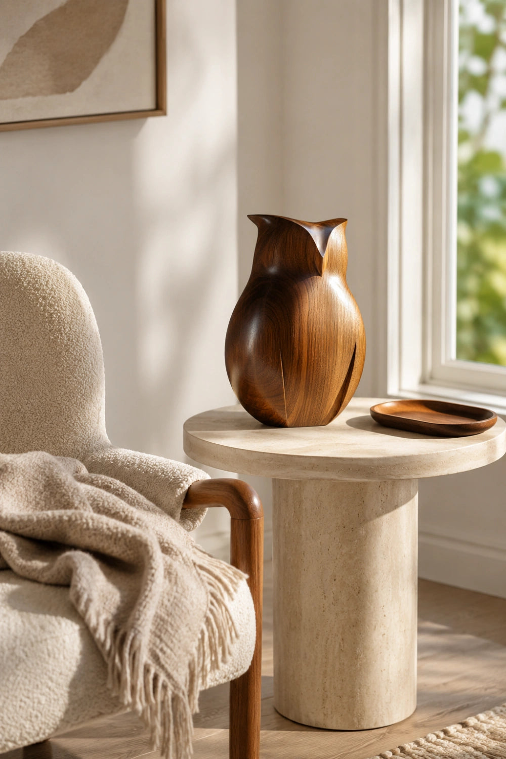 Sleek Abstract Wood Owl Sculpture | Biophilic Home Decor Accent | Distinctive Gift Choice