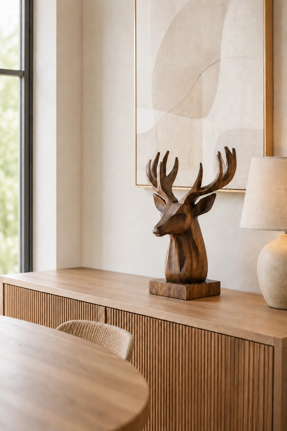 Geometric Wood Stag Sculpture | Modern Chalet Decor Piece | Prestige Gift Idea