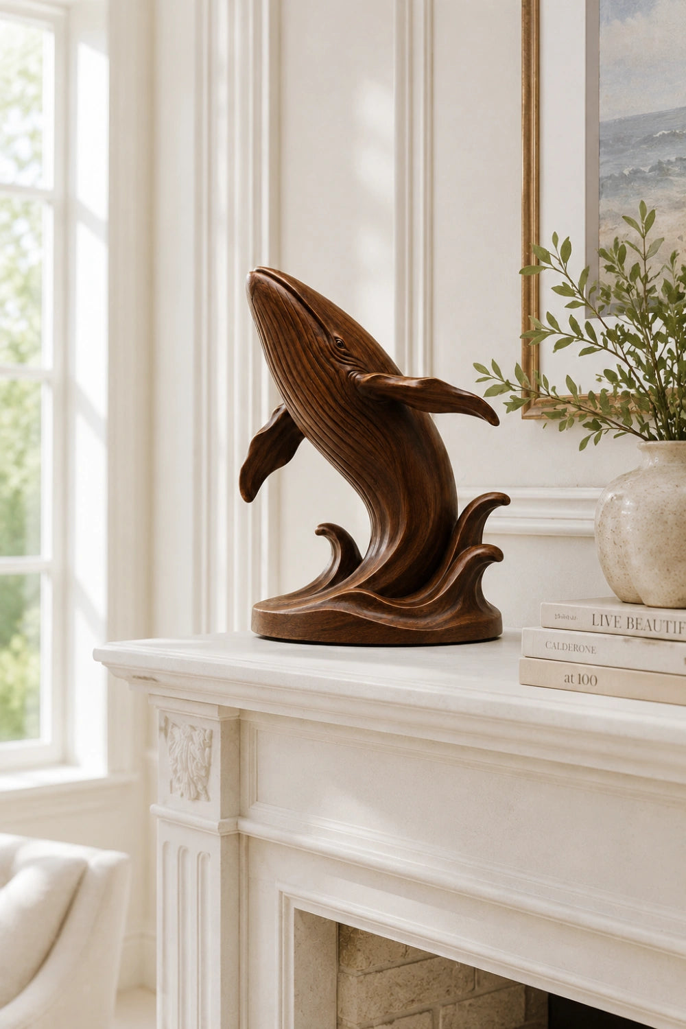 Breaching Wood Whale Sculpture | Coastal Luxe Marine Decor | Prestigious Ocean Gift
