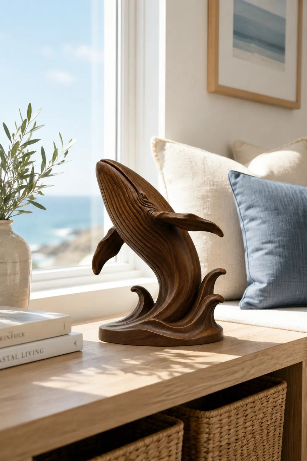Breaching Wood Whale Sculpture | Coastal Luxe Marine Decor | Prestigious Ocean Gift