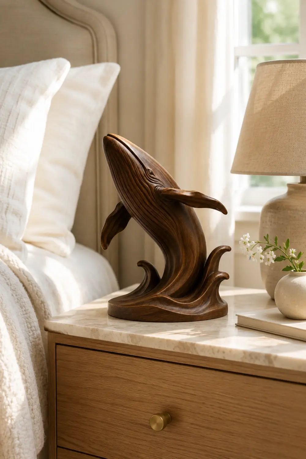 Breaching Wood Whale Sculpture | Coastal Luxe Marine Decor | Prestigious Ocean Gift