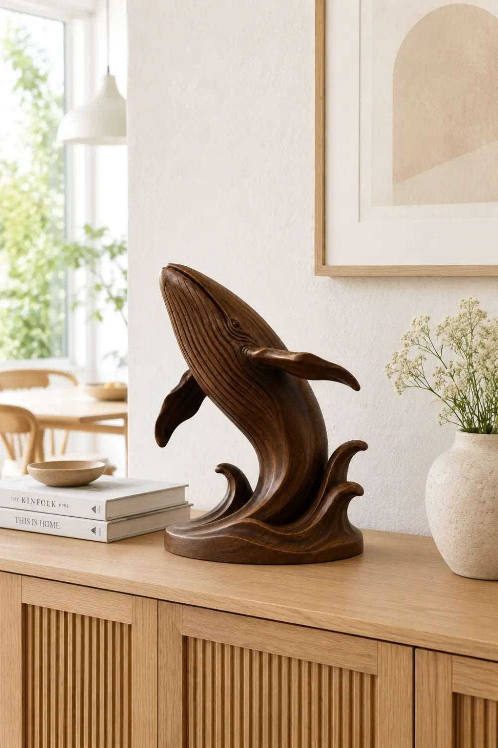 Breaching Wood Whale Sculpture | Coastal Luxe Marine Decor | Prestigious Ocean Gift